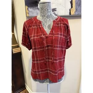 Loft Red Plaid Peasant Puff Short Sleeve V-Neck Blouse Small Petite Cottage Core